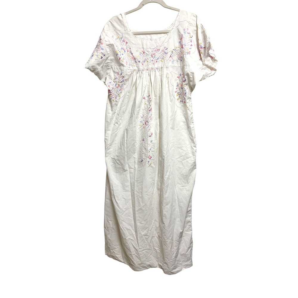 Handmade Embroidered Vintage Floral Nightgown White Maxi Dress Short Sleeve OS